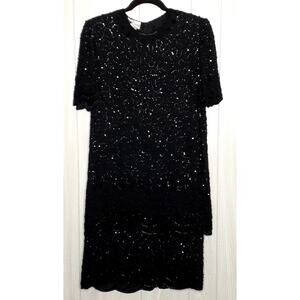 JKara Vintage Black 100% Silk Tiered Highly Embellished Lined Size Large